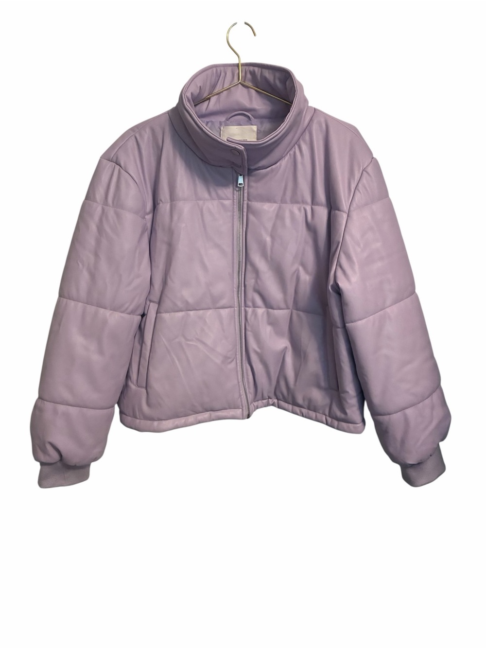 Anthropologie Lilac Purple Faux Leather Puffer Jacket XL Cropped Funnel Neck